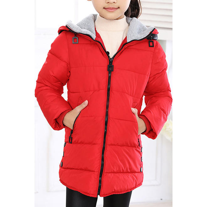 Kids Girls Solid Colored Long Sleeve Cozy Hood Neck Wind Breaker Padded Jacket - KGJC42188