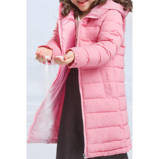 Kids Girls Solid Colored Long Sleeve Cozy Hood Neck Wind Breaker Padded Jacket - KGJC42188