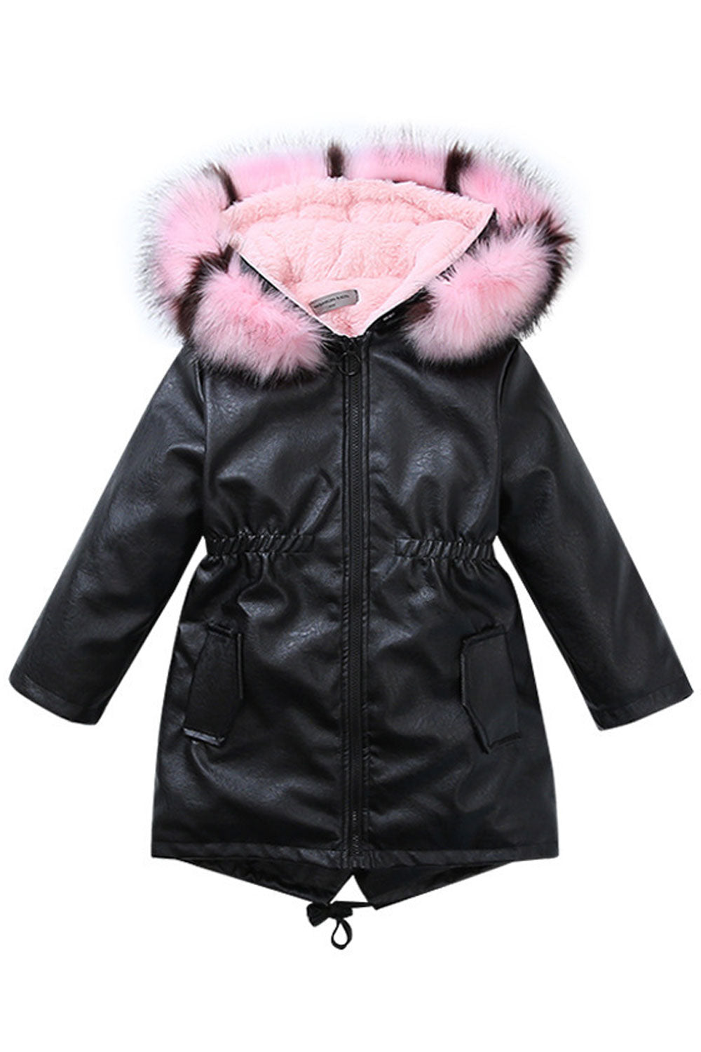 Kids Girls Beautiful & Pacifying Hairy Hooded Quickly Working Zip Closure Amazing Warm Winter Leather Jacket - KGLJK117922