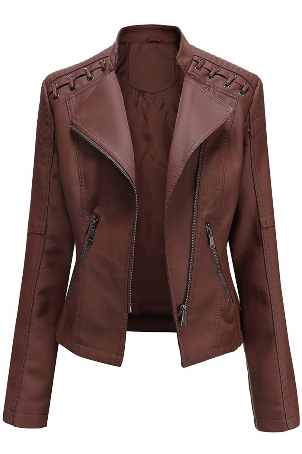 Women Convenient Solid Colored Long Sleeve Warm Leather Jacket - WJK89480