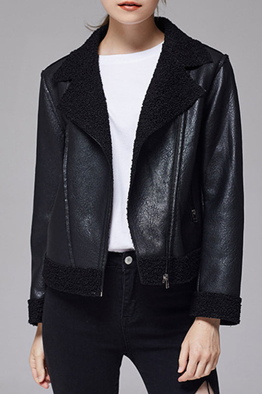 Women Ravishing Lapel Collar Neck Long Sleeve & Side Zippered Pocket & Front Zip Closure Snug Winter Leather Jacket - WJK118277