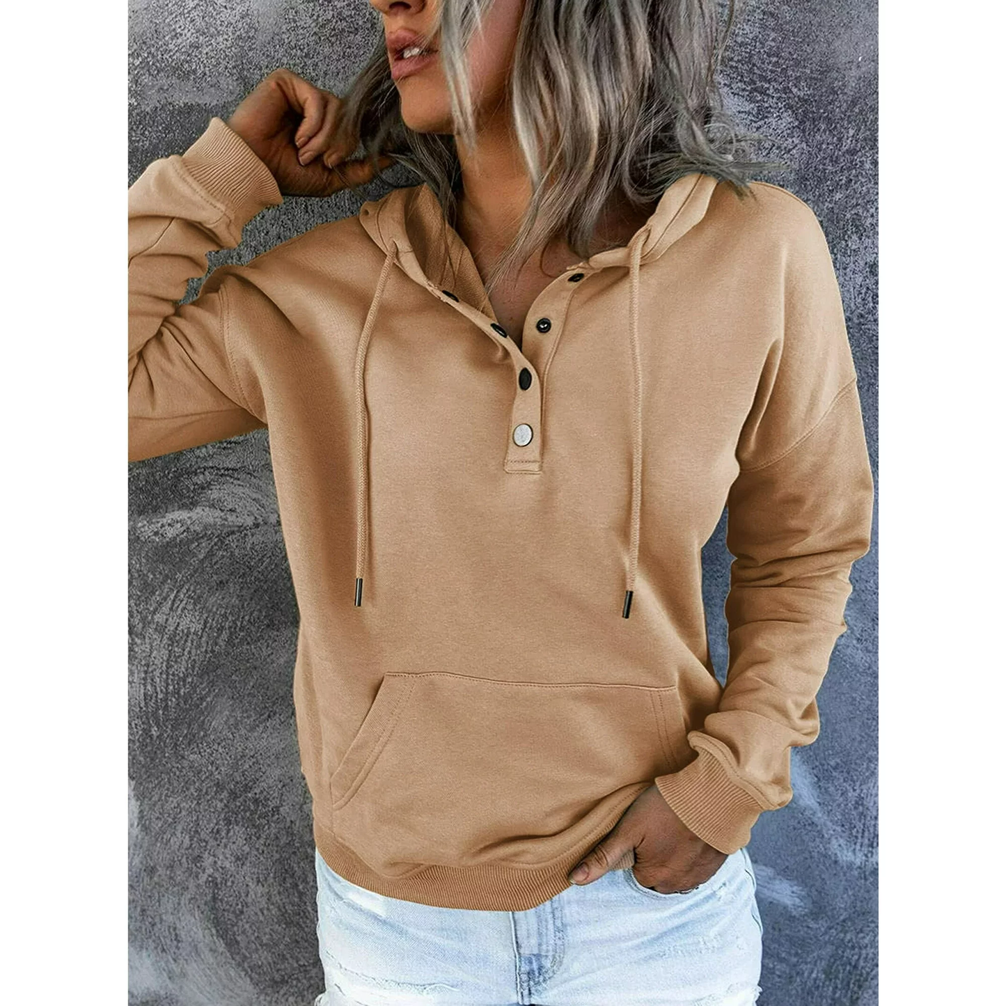 Womens Half Boutton Drawstring Sweatshirts Hooded With Pocket
