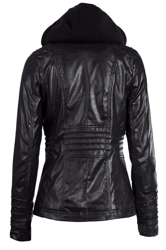 Women Awesome Hooded Neck Solid Colored Leather Jacket - WJC23128