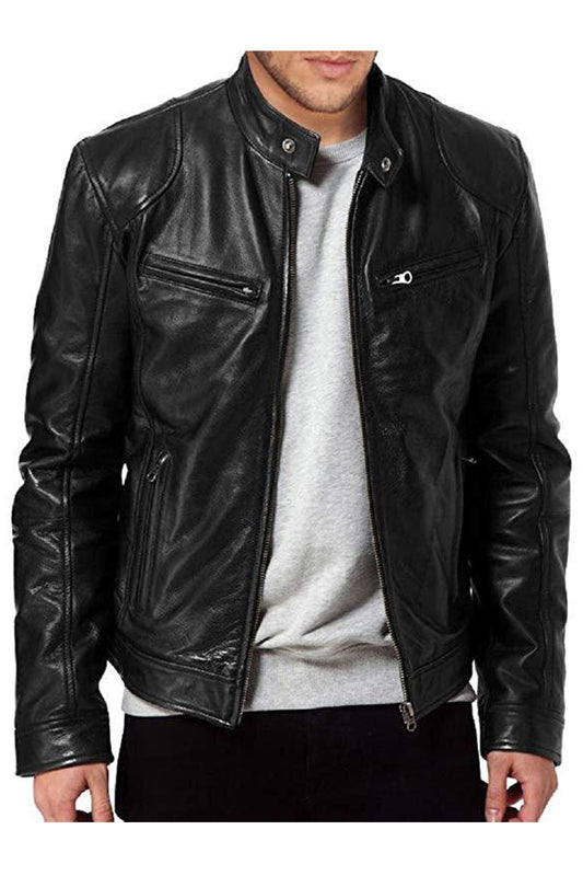 Men Classy Stand Up Collar Long Sleeve Zipper Closure Solid Pattern Warm Winter PU Leather Jacket     MJC15348