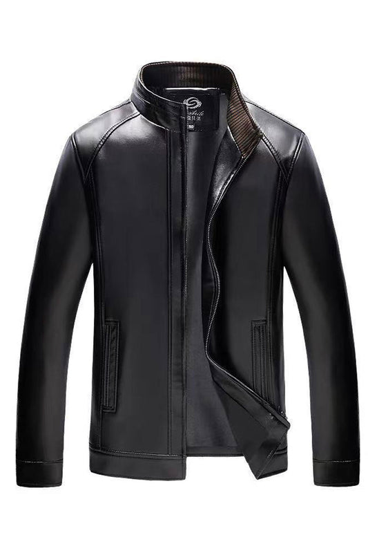 Men Windproof Stand Collar Long Sleeve Slim Fit Side Pockets Elegant Warm PU Leather Jacket     MJC15265