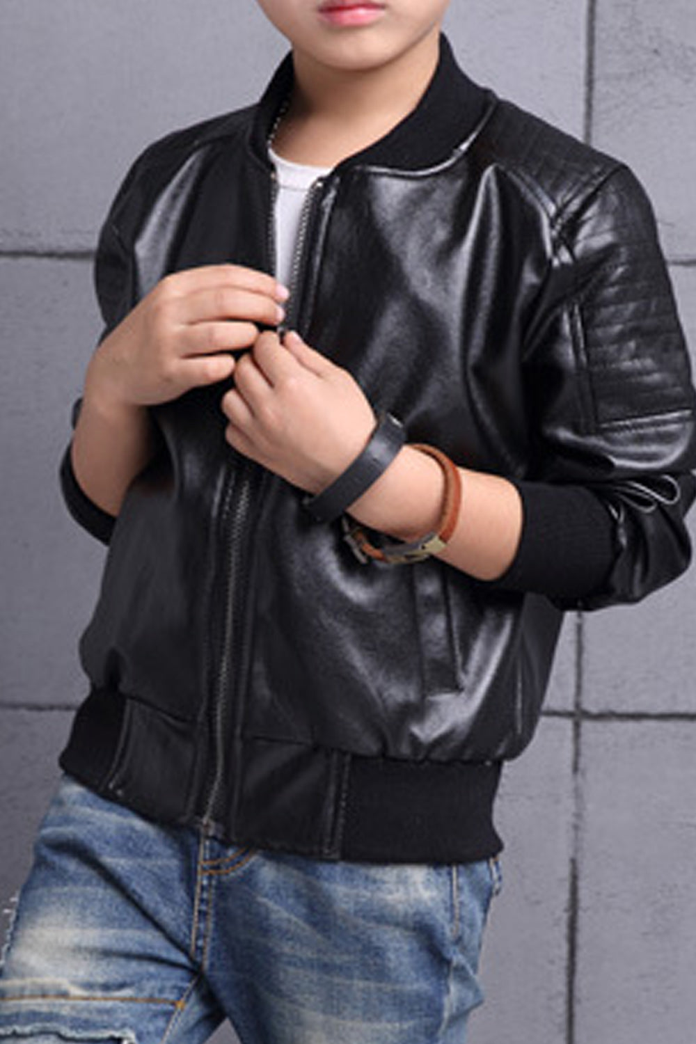 Kids Boys Ribbed Cuff Round Neck Easy Zipper Style Breathable Leather Jacket - KBLJ90276