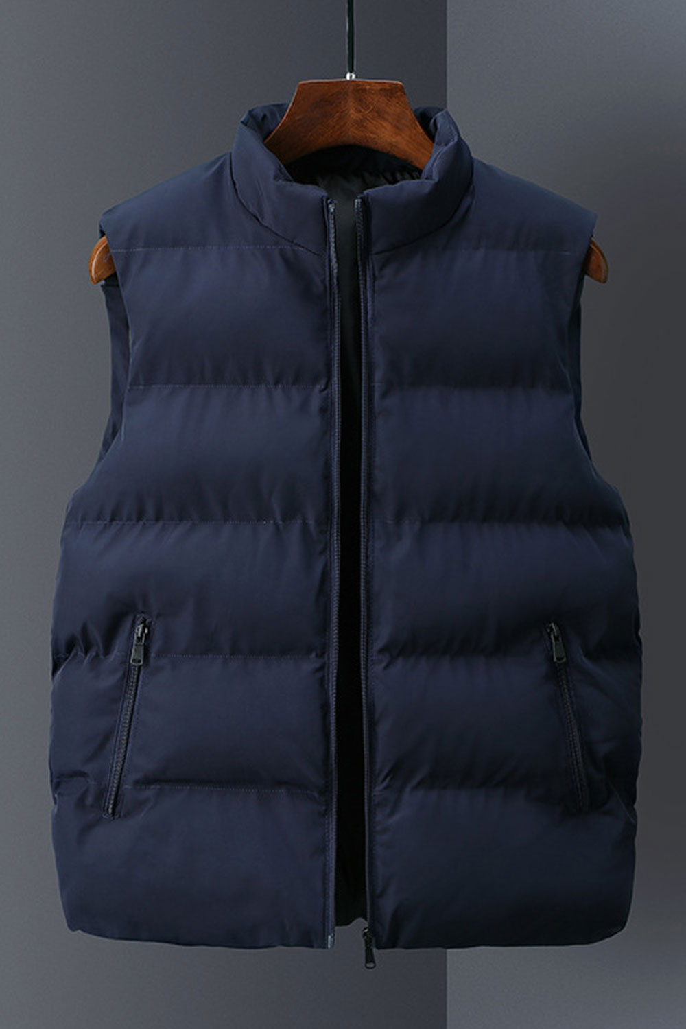 Men Sleeveless Stand Up Collar Zipper Closure Pockets Styled Trendy Solid Colored Warm Padded Vest - MPJ65825