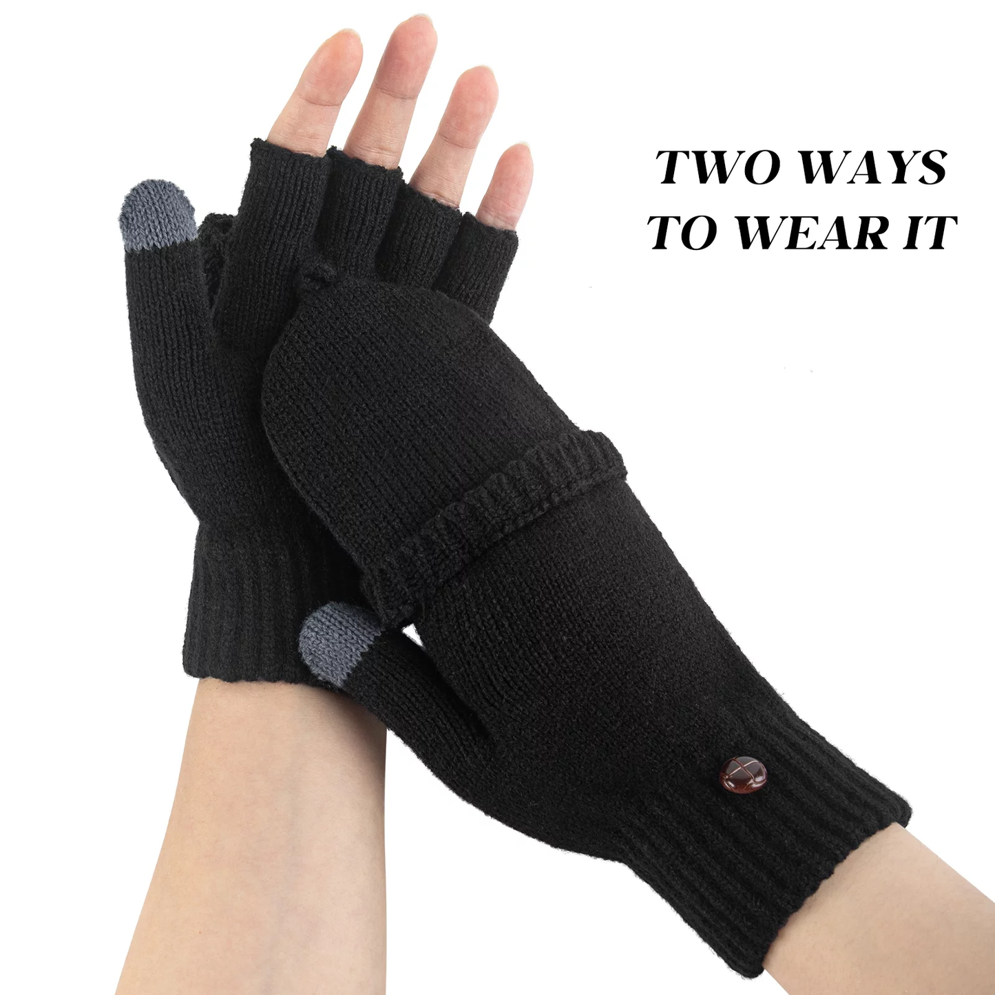 Women Winter Gloves Warm Knit Flip Mittens Fingerless Gloves 2 Pairs Set ZB114