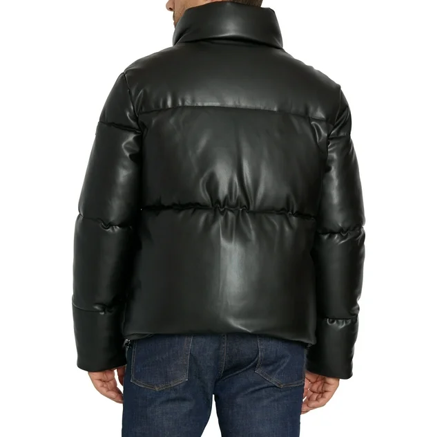 Men's Faux-Leather Puffer Stand-up collar Jacket