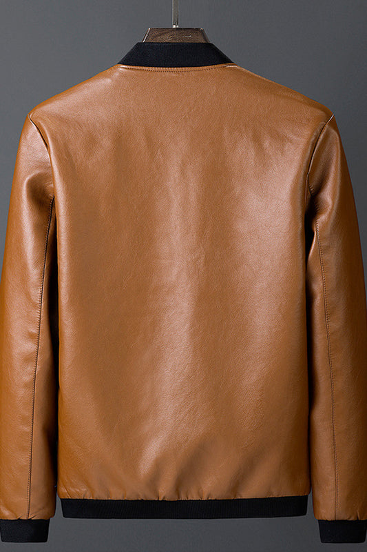 Men Stylish Knitted Contrast Hooded Neck Ribbed Cuff & Hem Kangaroo Pocket Alleviate Leather Jacket-MLJ117514