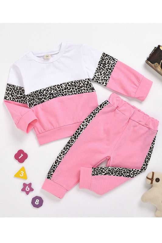 Baby Girls Leopard Pattern Two Piece Autumn Long Sleeve Elastic Waist Comfy Outfit Set - BTGO101629