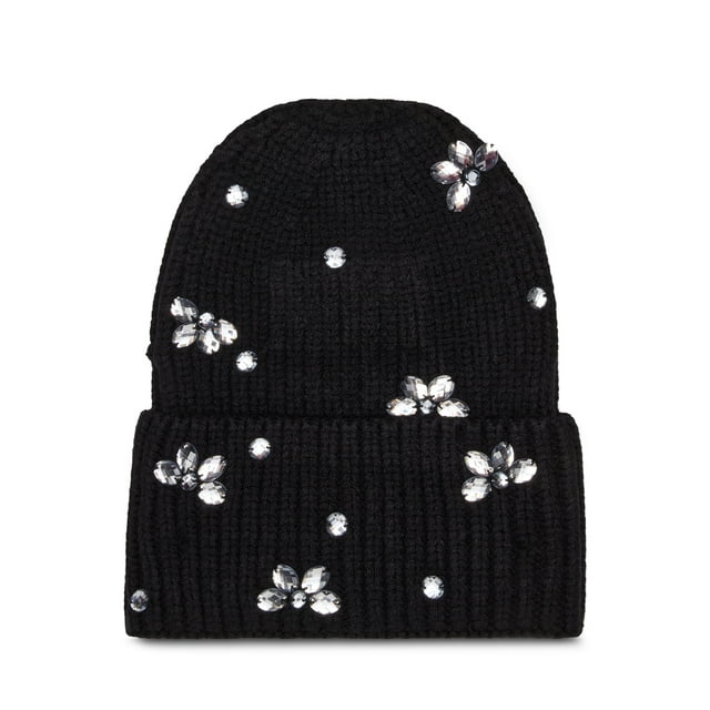 Women's Cuffed Beanie With Rhinestones And Magic Gloves, 2-Piece Gift Set Black - ZB052