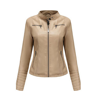 Women Collar Neck Zipper Closure Breathable Long Sleeve Leather Jacket     WJK88928