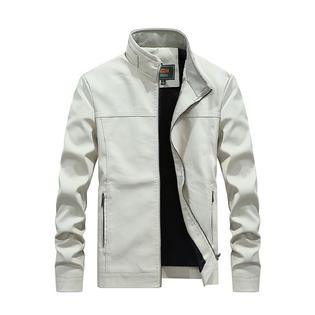 Men Soft PU Leather Collar Neck Solid Zipper Casual Jacket     MLJ89668