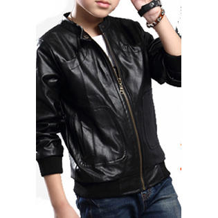 Kids Boys Collar Neck Long Sleeve Superb Solid Colored Zipper Closure PU Leather Jacket - KBLJ90275
