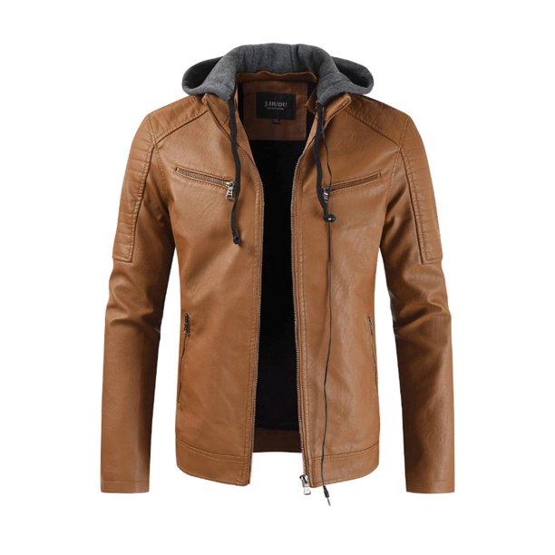 Men Long Sleeve Hooded Style Long Sleeve Zipper Thick Leather Jacket - C4311KMJK