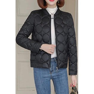 Women Ribbed Cuff Solid Colored Stand Collar Snap Button Closure Warm Padded Jacket - WJC23647