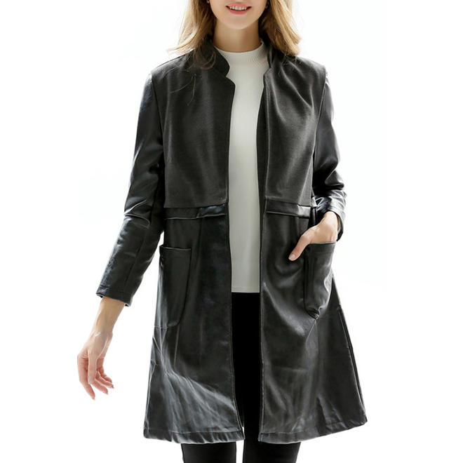 Women Slim Collar Neck Long Leather Jacket - WJC23300