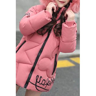 Kids Girs Fluffy Hood Solid Colored Zipper Closure Warm Winter Padded Jacket - C5284UKGJK