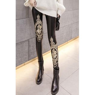 Women Lace Decorated Slim Fit Thick Elasticated Waist PU Leather Leggings - WLGC52803