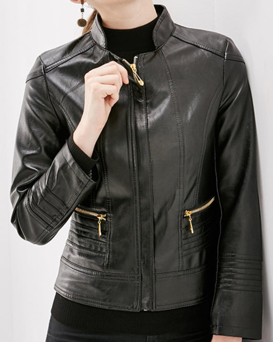 Women Long Sleeve Collar Neck Comfortable Stylish Zipper Closure Leather Jacket     WJK89118