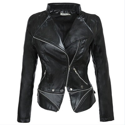 Women Warm Long Sleeve Stand Collar Neck Comfortable Leather Jacket - WJK88579