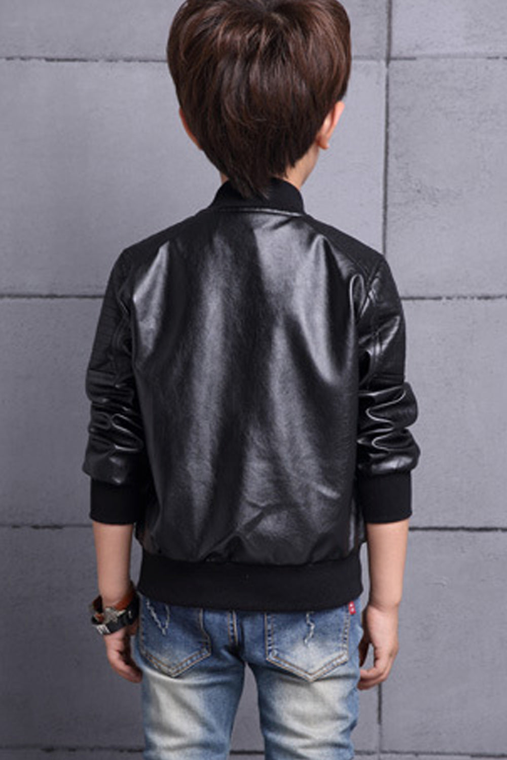 Kids Boys Ribbed Cuff Round Neck Easy Zipper Style Breathable Leather Jacket - KBLJ90276