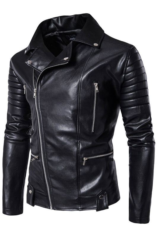 Men Collar Neck Side Zipper Leather Jacket - C4365KMJK