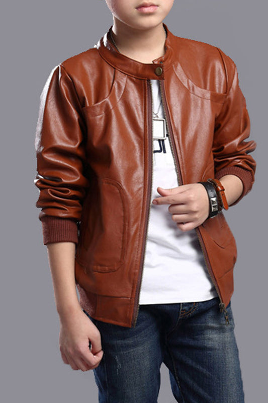 Kids Boys Dashing Solid Colored Superbly Stitched Ribbed Hem & Cuff Winter Fashionic Leather Jacket - KBLJ90286