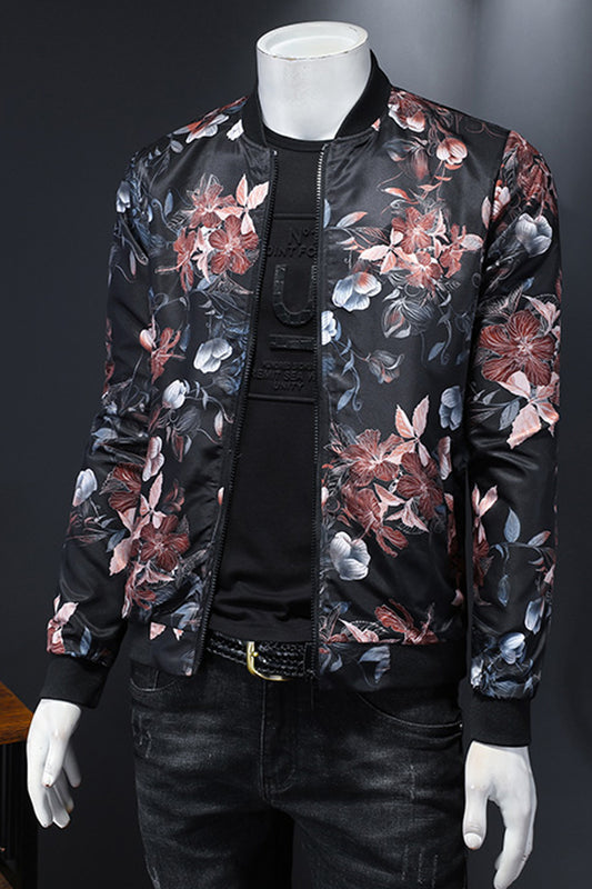 Men Superb Floral Pattern Stand Collar Cozy Long Sleeve Thick Wind Breaker Amazing Zipper Closure Jacket - MJC15237