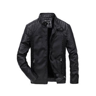 Men Stylish Zipper Closure Stand Up Collar Embroidered Style Leather Jacket - MJC15297