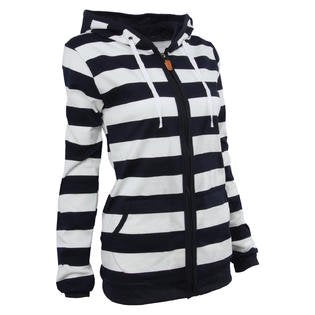 Women Striped Pattern Slim Fit Comfy Zipper Closure Hood Neck Winter Long Sleeve Jacket     WJC23280