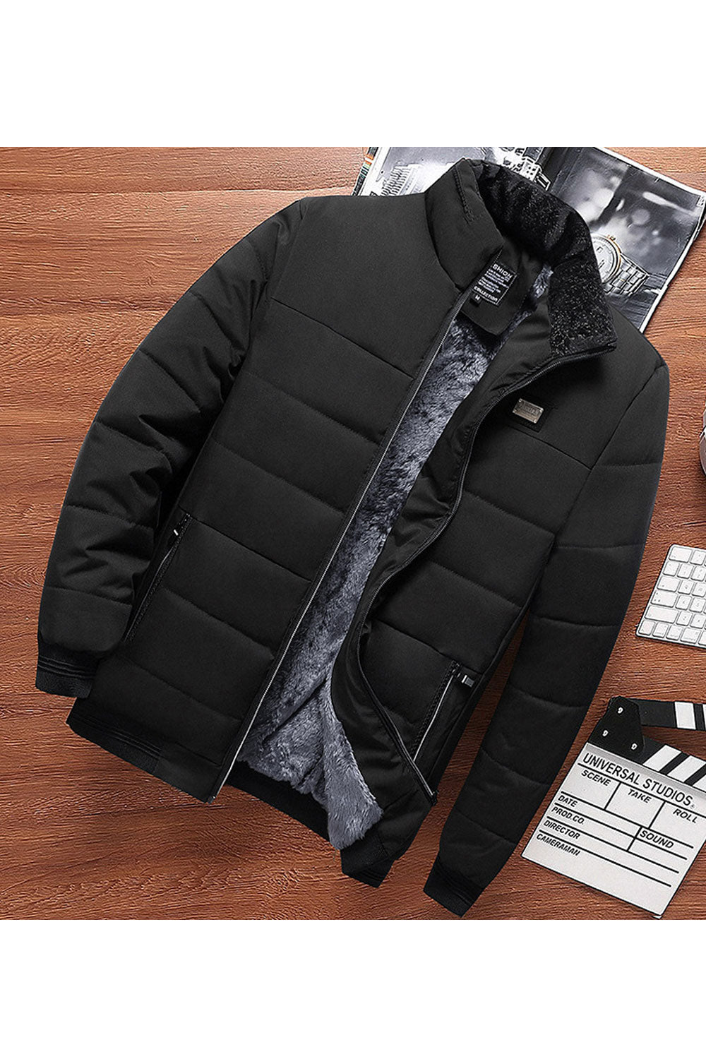 Men Stand Collar Superb Solid Pattern Side Pockets Long Sleeve Padded Jacket - MPJ65894