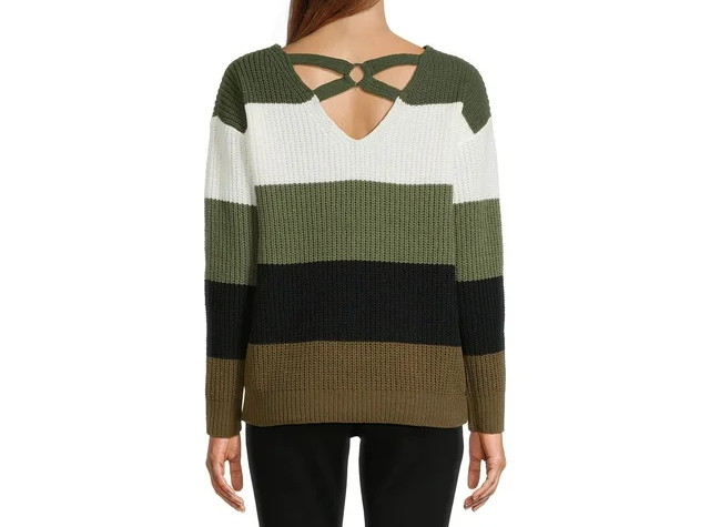 Women's Juniors O-Ring Striped Pullover Midweight Sweater