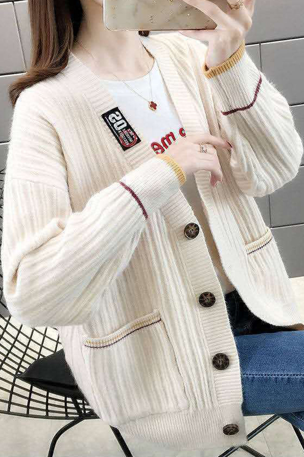 Women Knitted Ribbed Cuff V-Neck Button Closure Solid Pattern Weekend Cardigan - WC87199