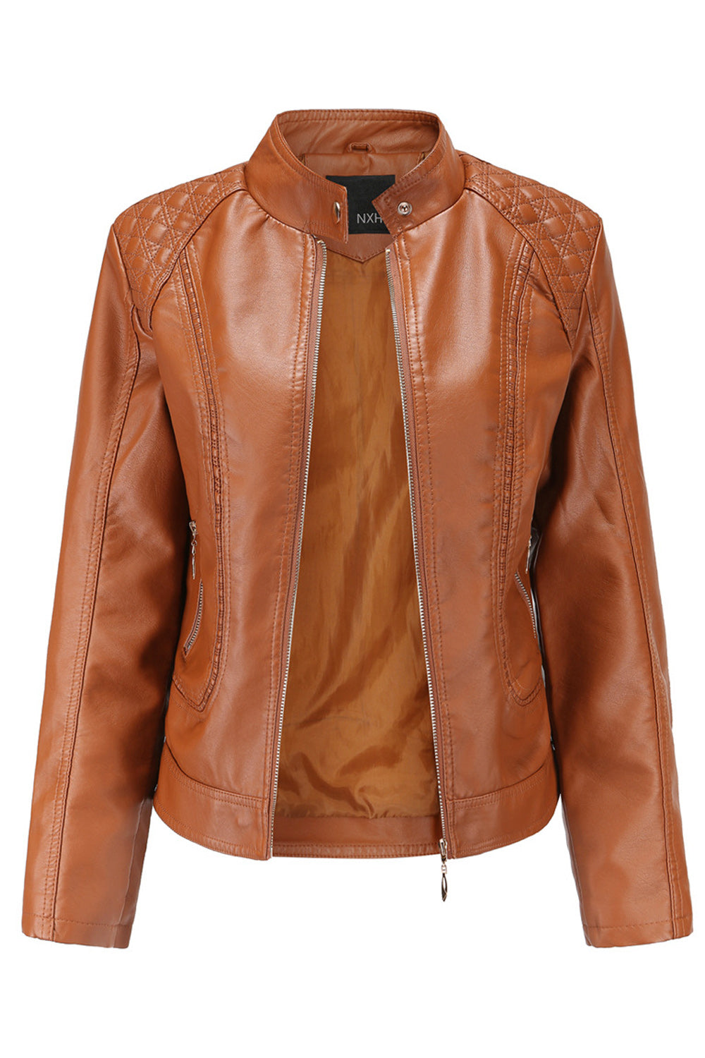 Women Warm Solid Color Zipper Closure Leather Jacket - WJC23180
