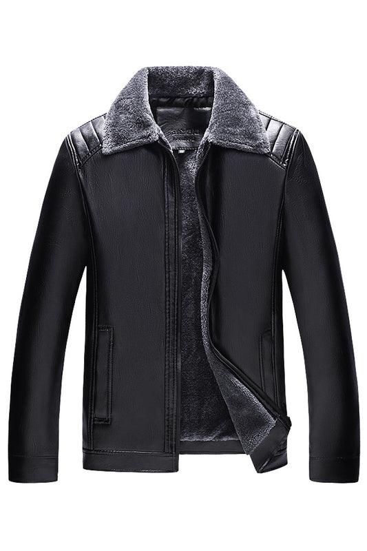 Men Fur Collar Neck Slim Fit Magnificent Long Sleeve Superb Side Pockets Cozy Thick PU Leather Jacket - C4384UJK