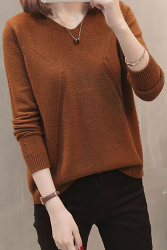 Women Pretty Long Sleeve Breathable V-Neck Solid Color Warm Sweater - WSTC24330