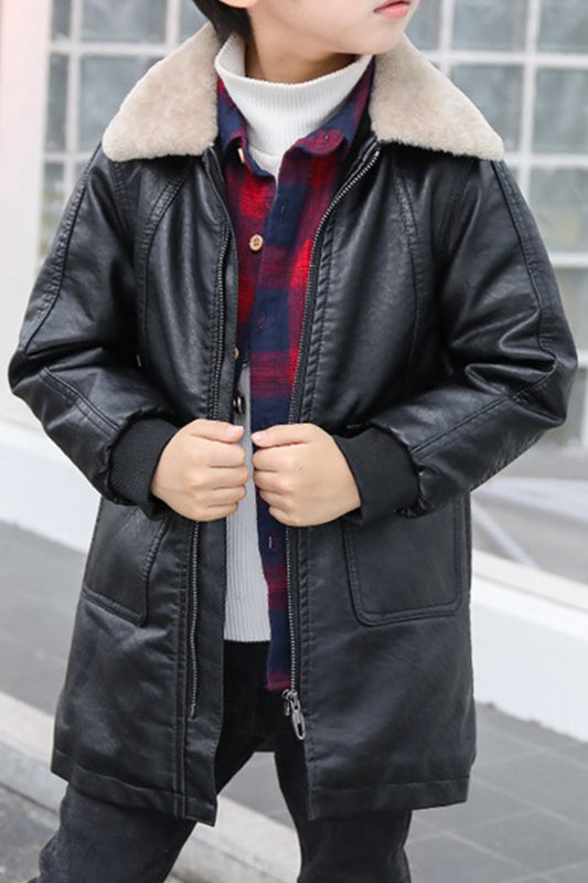 Kids Boys Warm Collar Neck Long Sleeve Elegant Styled Leather Jacket - KBLJ90610
