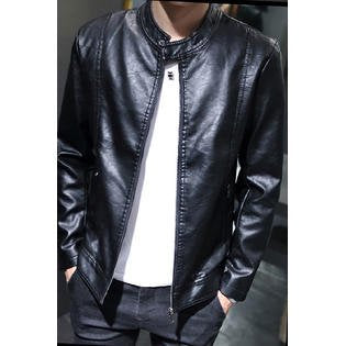 Men Collar Button Long Zipper Leather Jacket  C3514ZWJK