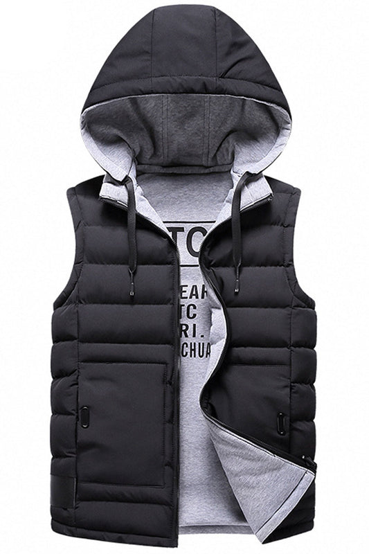Men Windproof Hooded Drawstring Thick & Warm Padded Vest - MPJ66320