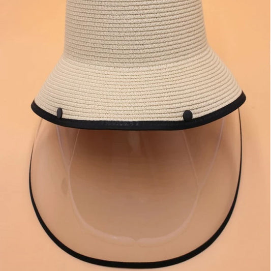 Contrast Trim Straw Hat With Detachable Face Shield