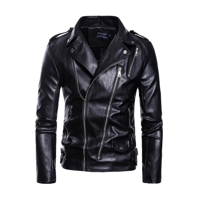 Men Solid Color Dual Zipper Pockets Casual Leather Jacket  MJC15346