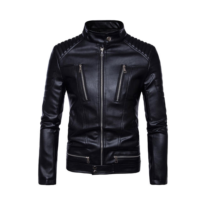 Men Collar Neck Long Sleeved Zipper Leather Jacket    C3164ZWJK