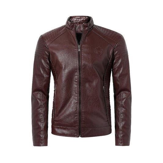 Men Solid Color Pleated Shoulder Leather Jacket  MJC15408