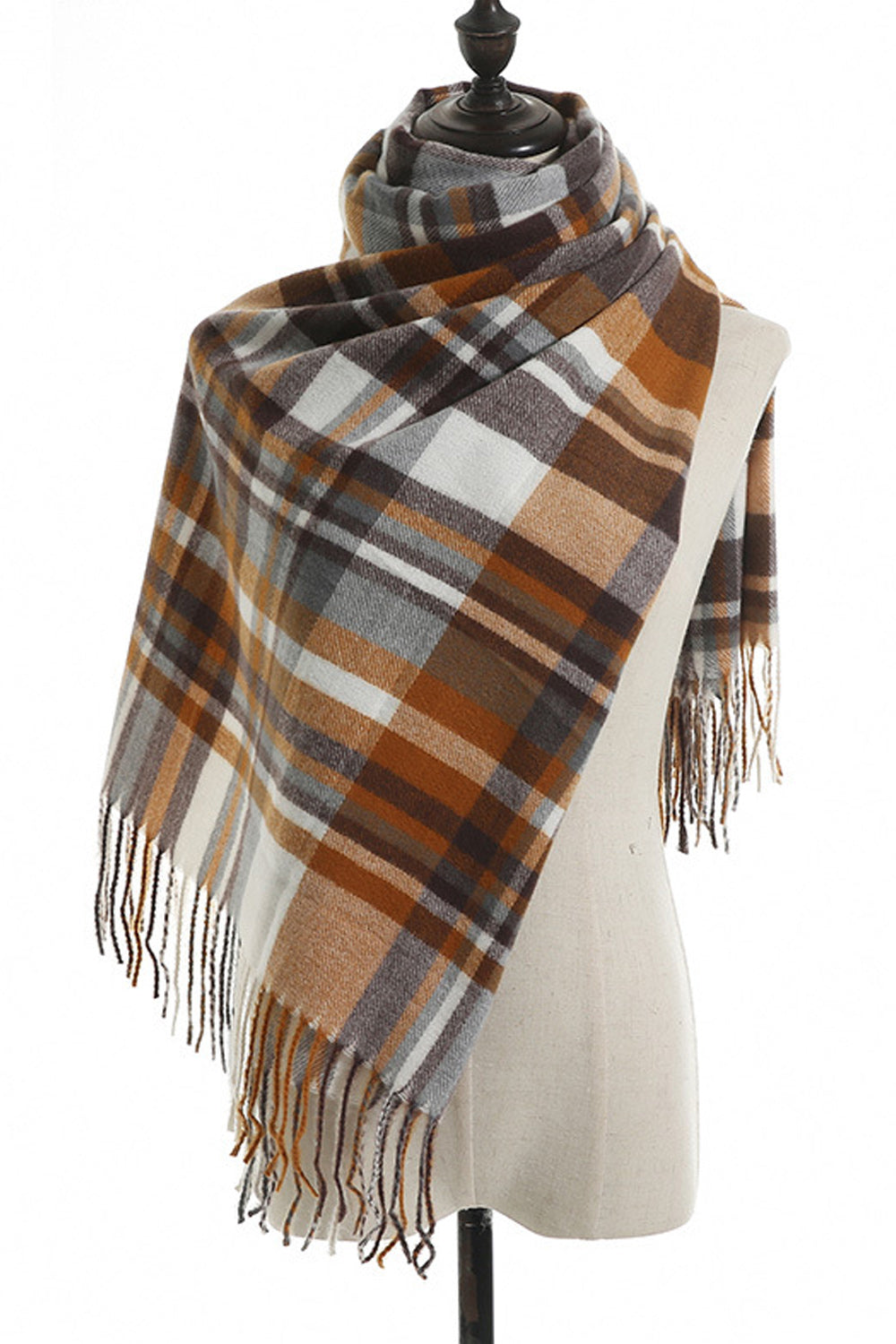 Women Amazing Plaid Pattern Thick & Warm Cashmere Material Tessel Styled Autumn Scarf - C3650UM