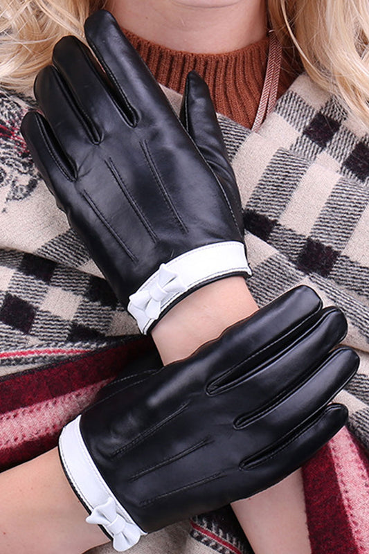 Women Thick Bowknot Wind Breaker Outdoor Winter Season PU Leather Gloves - WLG92575