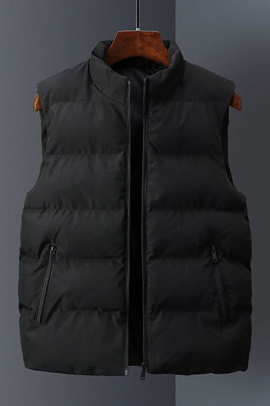 Men Sleeveless Stand Up Collar Zipper Closure Pockets Styled Trendy Solid Colored Warm Padded Vest - MPJ65825