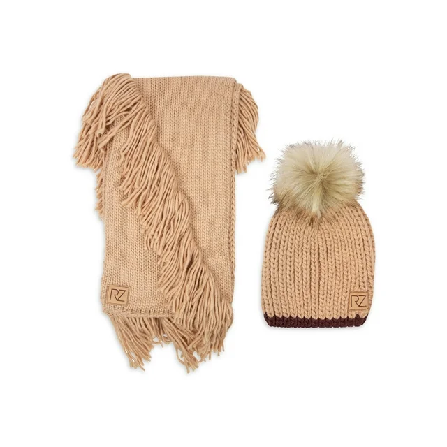Womens Chunky Knit Fringe Scarf and Beanie Style Hat 2 Piece Set ZB066