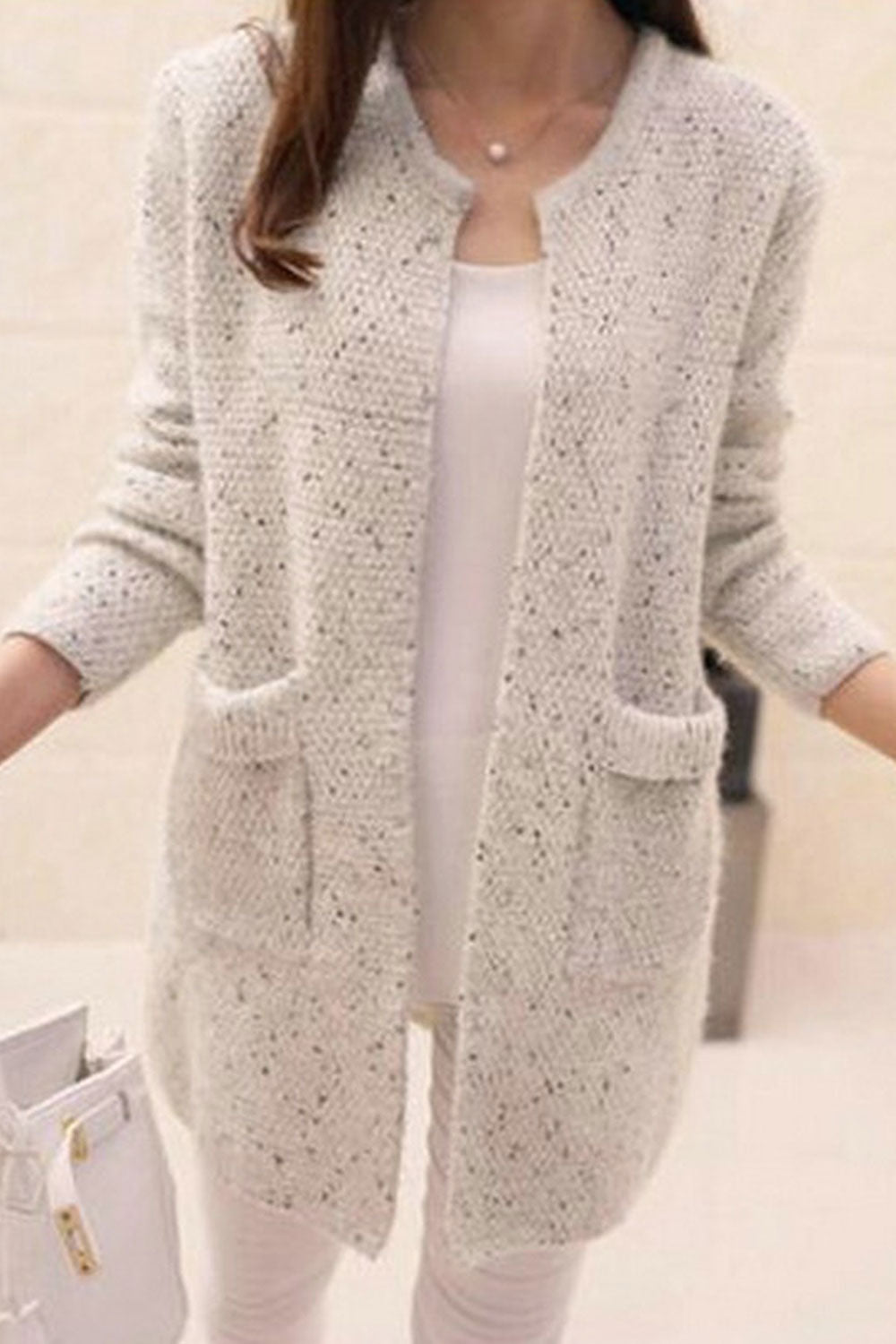 Women Winter Fashionable Front Open Style Round Neck Simple pockets Warm & Thick Cardigan - WC117749